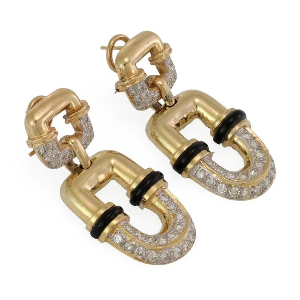 ESTATE DIAMOND ONYX 14K YELLOW GOLD FANCY DROP EARRINGS: ESTATE DIAMOND ONYX 14K YELLOW GOLD FANCY DROP EARRINGS Estate 2ct Diamond Onyx 14k Yellow Gold Fancy Dangle Earrings Description This is a beautiful pair of Estate earrings, from 14k yellow gold with