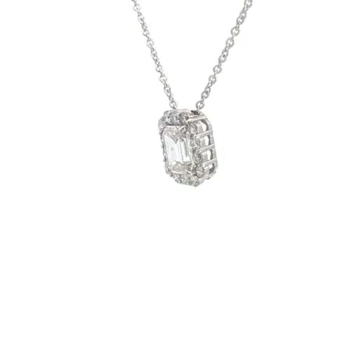 EMERALD CUT DIAMOND PENDANT 1.03CT HALO 14K WHITE GOLD NECKLACE NEW W/GIA: EMERALD CUT DIAMOND PENDANT 1.03CT HALO 14K WHITE GOLD NECKLACE NEW W/GIA This is a brand-new diamond pendant and chain necklace; this stunning octagon shape pendant has a gorgeous emerald cut diamond