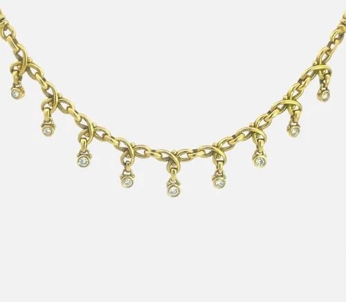 JUDITH RIPKA DIAMOND GOLD NECKLACE 18K YELLOW DANGLE CHARMS S LINK CHAIN: JUDITH RIPKA DIAMOND GOLD NECKLACE 18K YELLOW DANGLE CHARMS S LINK CHAIN This lovely necklace is by Judith Ripka, it is crafted from 18k yellow gold featuring chasing S links chain with a lobster clas