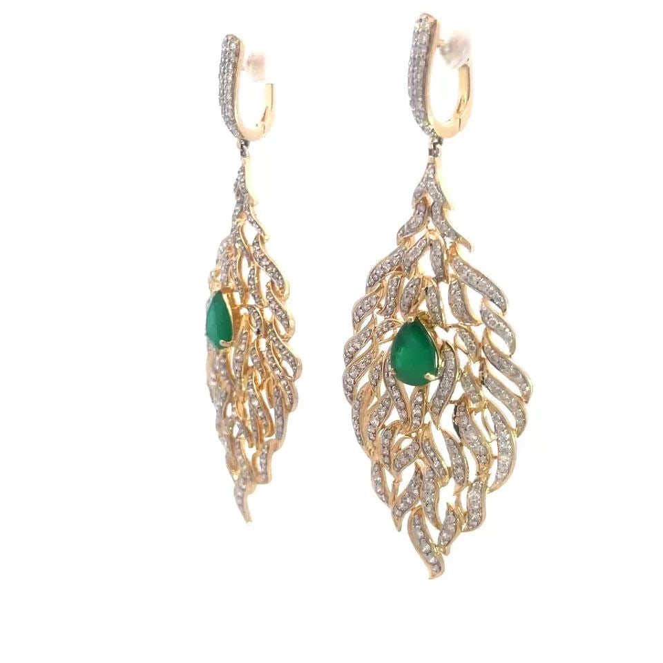 EMERALD GOLD EARRINGS DIAMOND 14K YELLOW LONG DANGLING LEAF DESIGN (1 of 1)