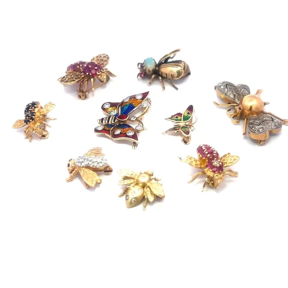 BEES & BUTTERFLIES DIAMOND GOLD & GEMS SET OF 9 PINS 14K TWO TONE ENAMEL (1 of 1)