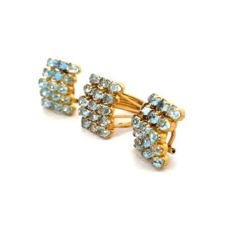 AQUAMARINE 18K GOLD EARRINGS RING SET YELLOW 5 ROW OVAL SET DESIGN: AQUAMARINE 18K GOLD EARRINGS RING SET YELLOW 5 ROW OVAL SET DESIGN This gorgeous pair of earrings and ring set is crafted from 18k yellow gold. The set has 5 rows each with oval shape prong set stunni