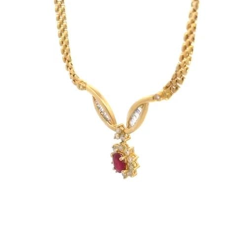 DIAMOND RUBY GOLD NECKLACE RUBY 18K YELLOW PANTHER LINK CHAIN: DIAMOND RUBY GOLD NECKLACE RUBY 18K YELLOW PANTHER LINK CHAIN This is a lovely classic style necklace, it is crafted from 18k yellow gold in a polished finish. The pendant features a wing shape with g