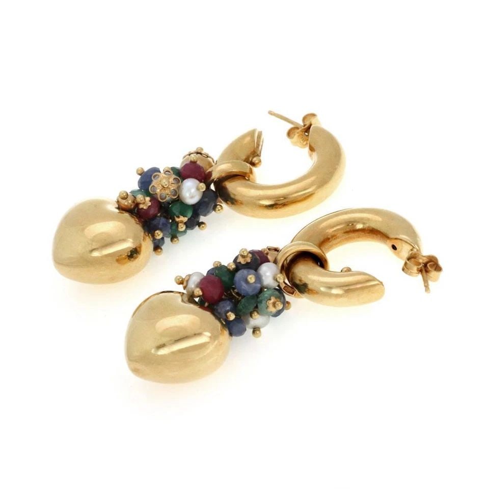RUBY EMERALD SAPPHIRE PEARLS EARRINGS 18K GOLD HEART SHAPE: RUBY EMERALD SAPPHIRE PEARLS EARRINGS 18K GOLD HEART SHAPE 13 ct Ruby Emerald Sapphire Pearls 18k Gold Hearts Dangle Earrings Description These lovely earrings are crafted from 18k yellow gold featuri