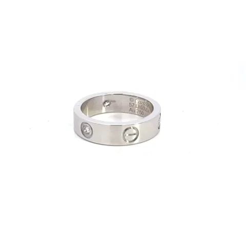CARTIER LOVE 3 DIAMOND RING IN 18K WHITE GOLD W/CERT SIZE 57 US 8: CARTIER LOVE 3 DIAMOND RING IN 18K WHITE GOLD W/CERT SIZE 57 US 8 This is a lovely authentic band ring by Cartier from the Love Collection. It is crafted from 18k white gold with a fine polished finis