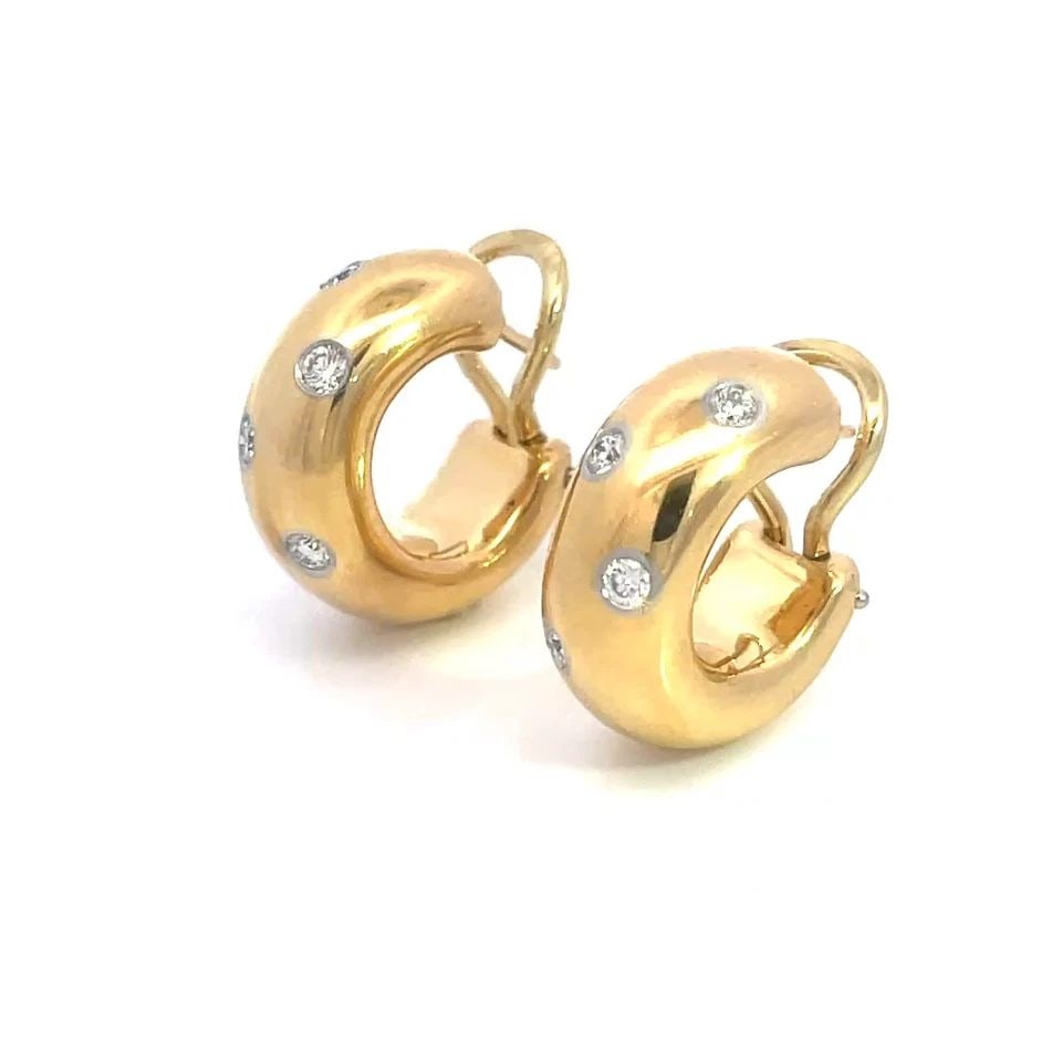 TIFFANY & CO. ETOILE DIAMOND GOLD EARRINGS PLATINUM CHUBBY HOOP STYLE: TIFFANY & CO. ETOILE DIAMOND GOLD EARRINGS PLATINUM CHUBBY HOOP STYLE These charming Tiffany & Co. gold and diamond earrings are from the Etoile Collection. They are luxurious and elegant choice for a