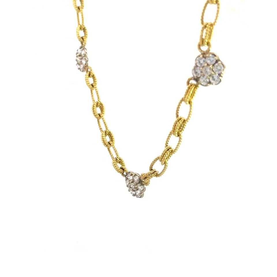 DIAMOND GOLD NECKLACE FLORAL MOTIFS 18K TWO TONE WIRE OVAL LINK STATIONS: DIAMOND GOLD NECKLACE FLORAL MOTIFS 18K TWO TONE WIRE OVAL LINK STATIONS This gorgeous collar necklace is crafted from 18k yellow gold chain with white gold accent featuring fine wire oval links with 