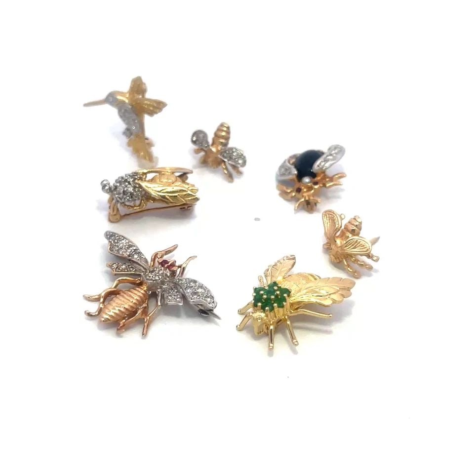 DIAMOND GOLD SET OF 7 BROOCH & TAC PINS 14K TWO TONE GEMS BIRD BEES & BUGS (1 of 1)