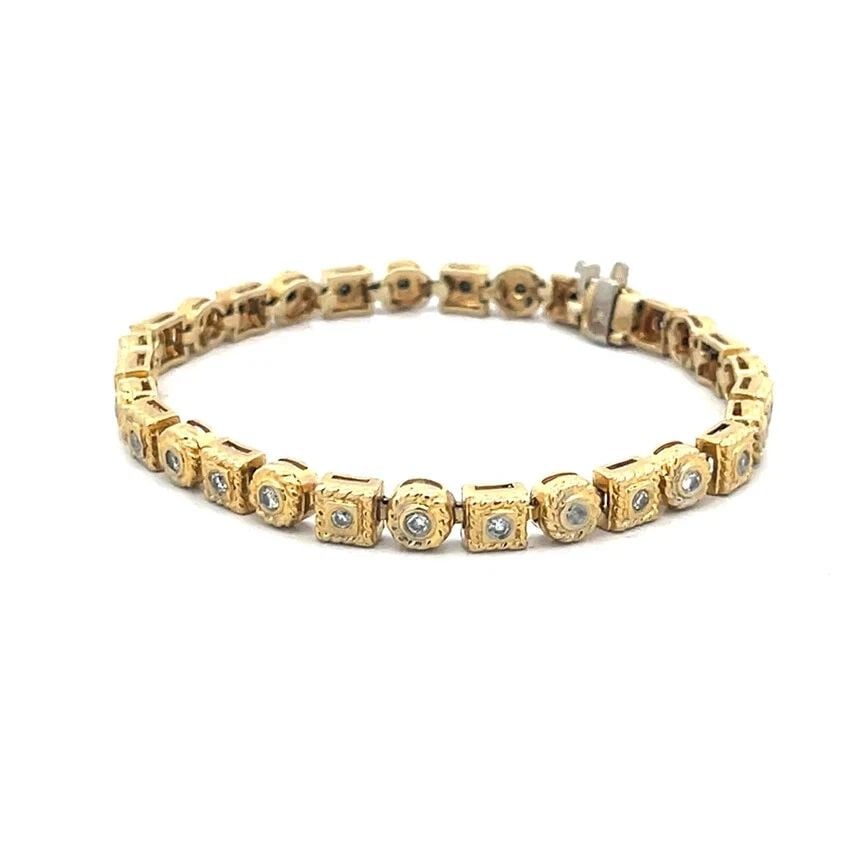 DIAMOND GOLD BRACELET 14K YELLOW SQUARE ROUND LINKS FINE WIRE DECOR: The diamond gold bracelet is a stunning piece of fine jewelry featuring square and round links in 14k yellow gold. Each link with a beautiful white diamond in bezel style and fine cable style, the lin