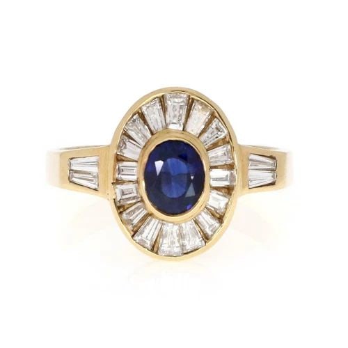18K YELLOW GOLD DIAMOND & SAPPHIRE COCKTAIL RING: 18K YELLOW GOLD DIAMOND & SAPPHIRE COCKTAIL RING 18k Yellow Gold Diamond & Sapphire Cocktail Ring Description This is an elegant oval shape cocktail ring, it is crafted from 18k yellow gold featuring 