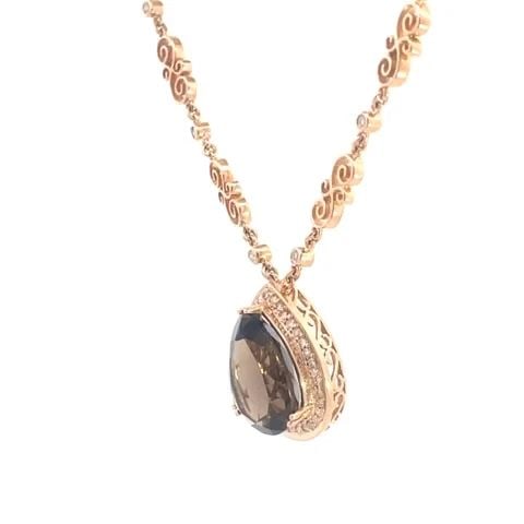 DIAMOND PENDANT ROSE GOLD PEARL SMOKY QUARTZ 14K SCROLL LINK CHAIN: DIAMOND PENDANT ROSE GOLD PEARL SMOKY QUARTZ 14K SCROLL LINK CHAIN This beautiful pendant and chain necklace is crafted from 14k rose gold with yellow gold lobster clasp. The chain has lovely scroll l