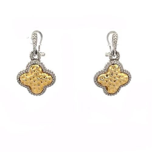 DIAMOND 14K GOLD DANGLE EARRINGS FOUR LEAF CLOVER HAMMERED STYLE: DIAMOND 14K GOLD DANGLE EARRINGS FOUR LEAF CLOVER HAMMERED STYLE This cute pair of earrings are crafted from 14k yellow and white gold featuring a small, curved stop with the post clip back accented w