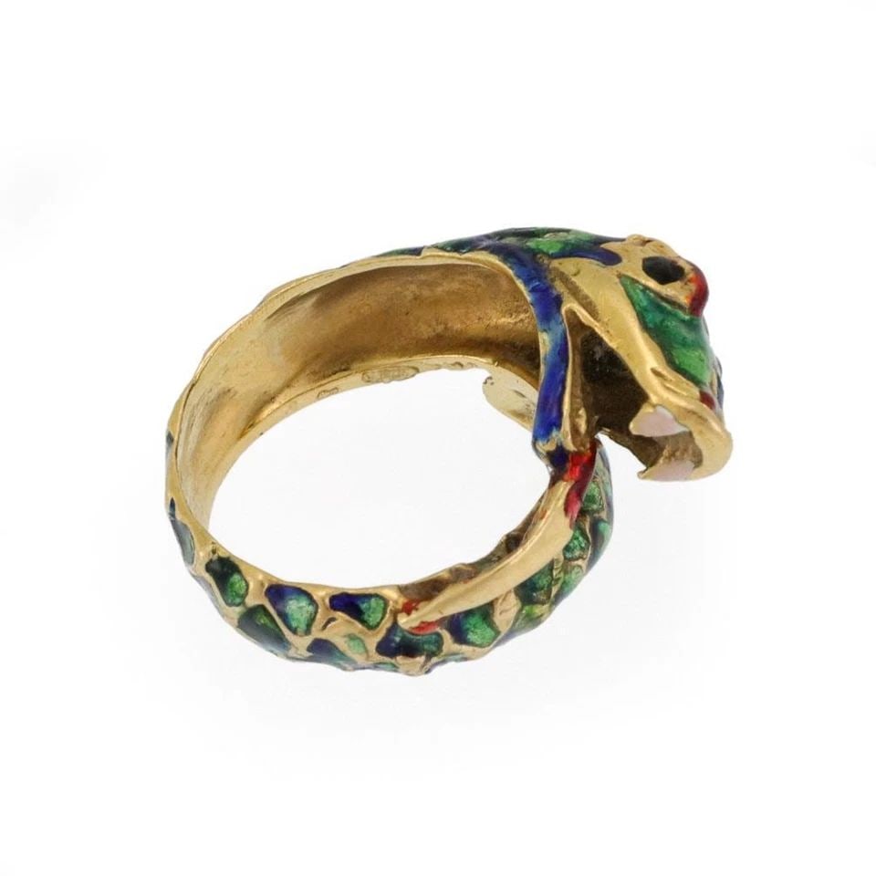 VINTAGE 18K YELLOW GOLD MULTICOLOR ENAMEL SNAKE RING SIZE 6.5: VINTAGE 18K YELLOW GOLD MULTICOLOR ENAMEL SNAKE RING SIZE 6.5 Vintage 18k Yellow Gold Multicolor Enamel Snake Ring Size 6.5 Description This is a colorful vintage ring, from 18k yellow gold featuring 