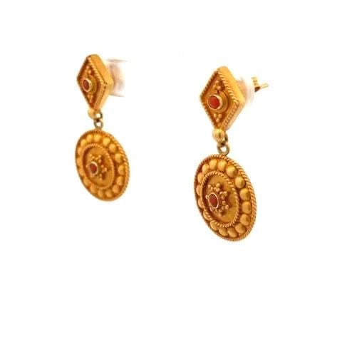 VICTORIAN ETRUSCAN 18K GOLD EARRINGS CORAL RHOMBUS ROUND DROP DANGLE: VICTORIAN ETRUSCAN 18K GOLD EARRINGS CORAL RHOMBUS ROUND DROP DANGLE This lovely pair of Victorian earrings are crafted from 18k yellow gold featuring a rhombus shape top with a round medallion shape 