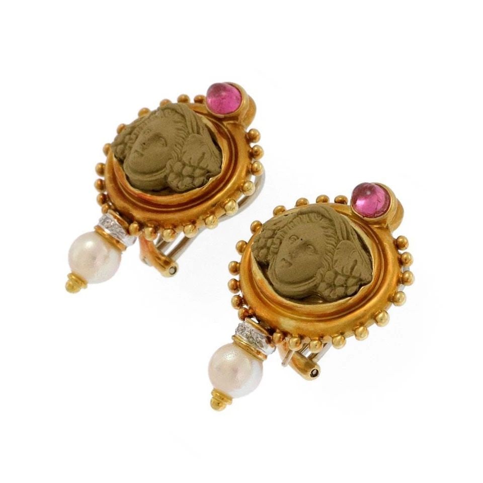 LAVA CAMEO EARRINGS 18K GOLD TOURMALINE DIAMOND PEARLS: LAVA CAMEO EARRINGS 18K GOLD TOURMALINE DIAMOND PEARLS Tourmaline Diamond Pearls Lava Cameo 18k Gold Earrings Description This is a gorgeous Estate pair of earrings, they are crafted from 18k yellow g