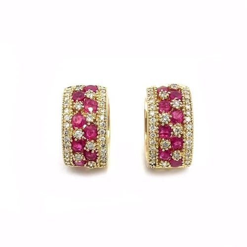 DIAMOND RUBY HUGGIE EARRINGS 14K YELLOW GOLD SMALL HOOP: DIAMOND RUBY HUGGIE EARRINGS 14K YELLOW GOLD SMALL HOOP These adorable earrings are signed BH from 14k yellow gold featuring a 9mm wide hoop in huggie style. The front of the hoop has fine bead set di