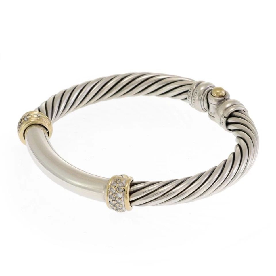 DAVID YURMAN DIAMOND STERLING YELLOW GOLD 14K CABLE BRACELET: DAVID YURMAN DIAMOND STERLING YELLOW GOLD 14K CABLE BRACELET David Yurman Diamond Sterling Yellow Gold 14k Cable Bracelet Description This is a designer David Yurman authentic sterling silver and 14k 