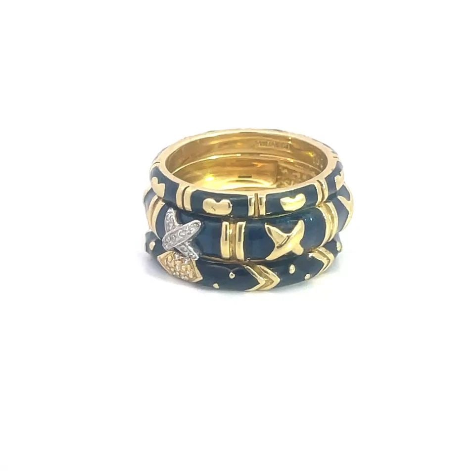 HIDALGO SET OF 3 GOLD RINGS DIAMOND ENAMEL 18K YELLOW SIZE 6: HIDALGO SET OF 3 GOLD RINGS DIAMOND ENAMEL 18K YELLOW SIZE 6 This lovely set of 3 rings are by Hidalgo, crafted from 18k yellow gold, these can be worn in different style, one 3mm wide has black ename