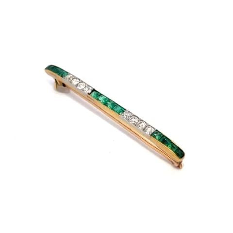 ART DECO TIE PIN DIAMOND EMERALD 14K YELLOW GOLD PLATINUM BROOCH: ART DECO TIE PIN DIAMOND EMERALD 14K YELLOW GOLD PLATINUM BROOCH This elegant Art Deco pin is crafted from 14k yellow gold with platinum accent. The pin is long and slim and perfect for your tie or ha
