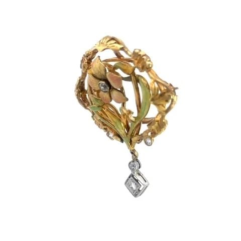 ART NOUVEAU FLORAL PENDANT DIAMOND ENAMEL 14K TWO TONE GOLD: ART NOUVEAU FLORAL PENDANT DIAMOND ENAMEL 14K TWO TONE GOLD This is an absolutely beautiful Art Nouveau pendant Crafted from 14k yellow gold featuring an open gold frame accented with 2 bezel set diam