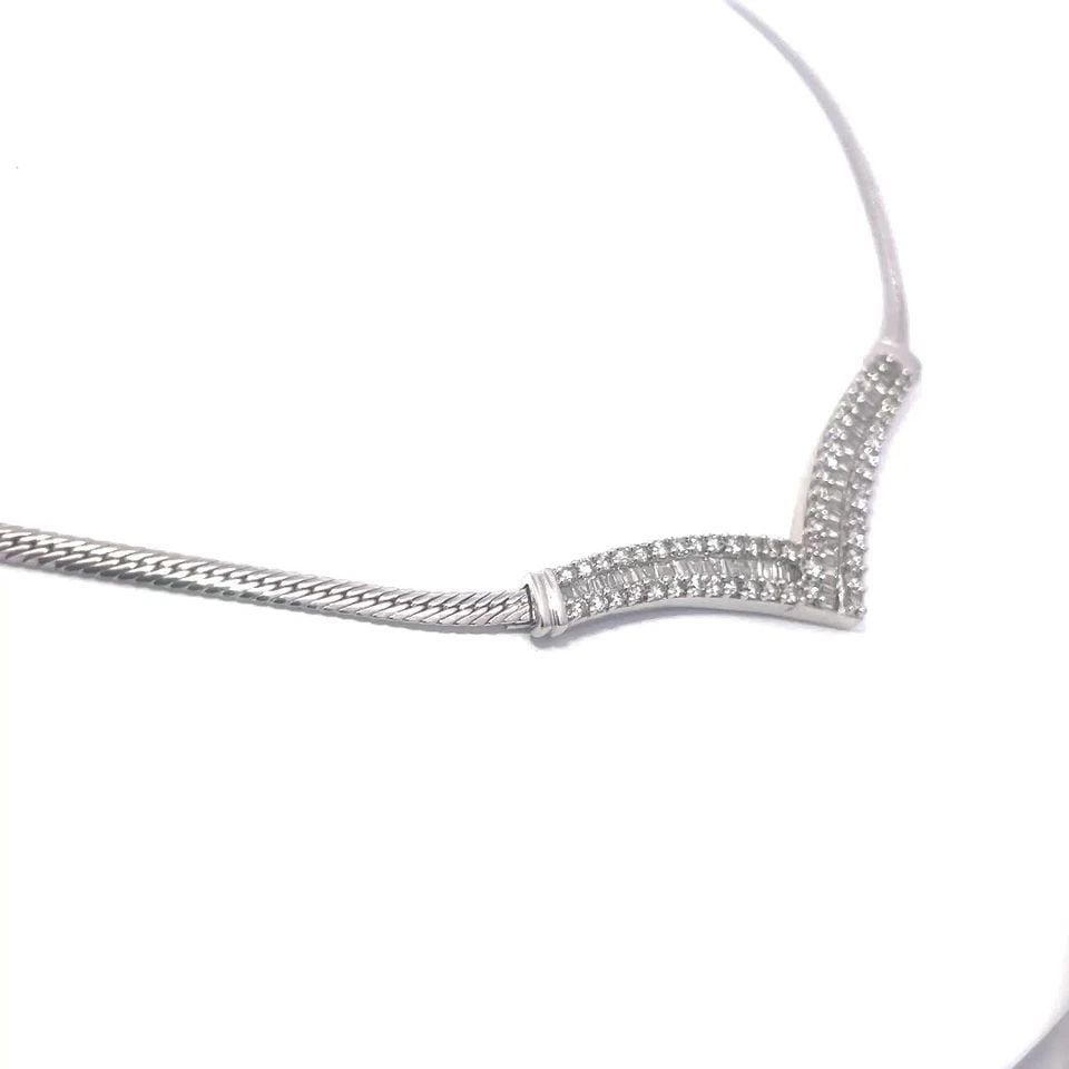 DIAMOND GOLD V NECKLACE 1.70CT 14K WHITE GRADUATED PENDANT FLAT CHAIN: Elevate your jewelry collection with this exquisite diamond gold V 14k white gold necklace. It features a striking look with natural white diamond set in an elegant wide spread V shape with round pron