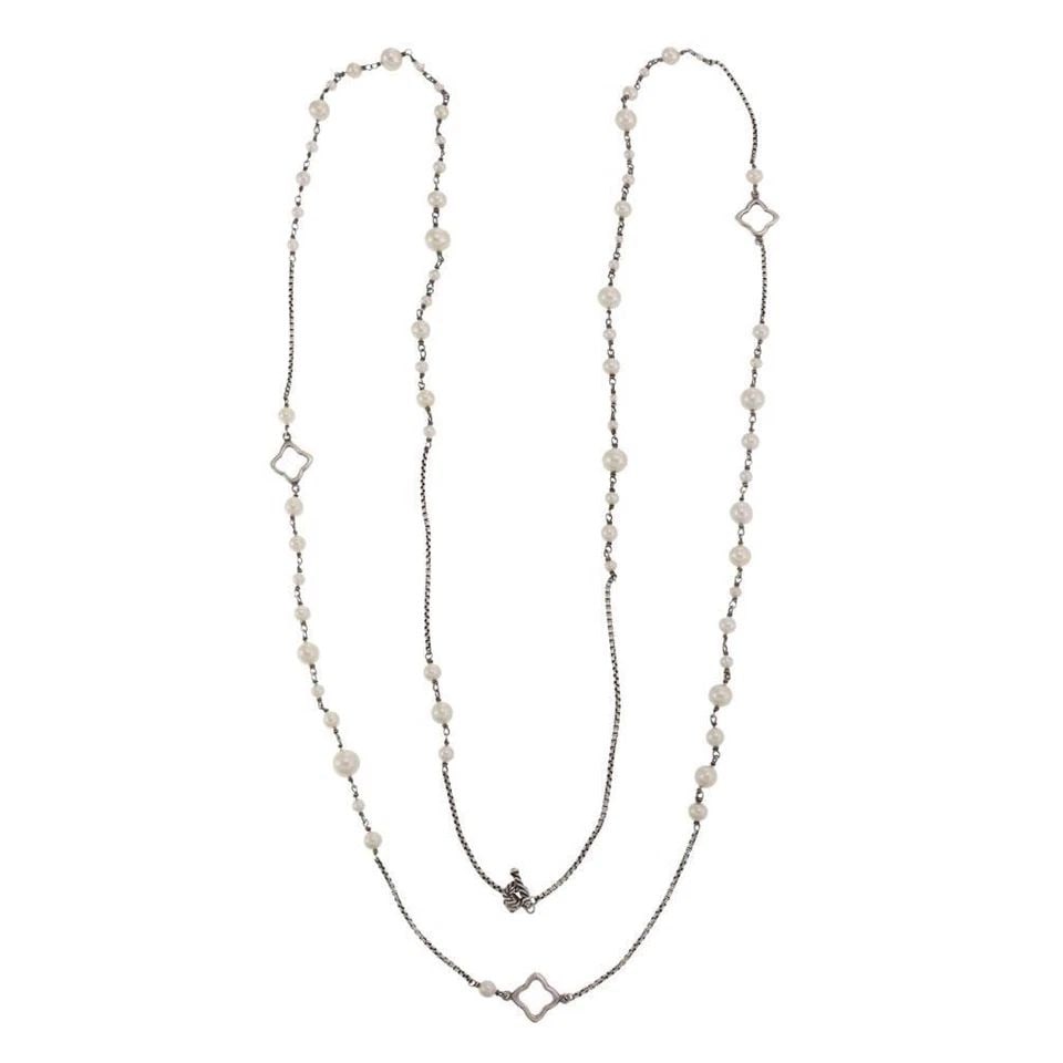 DAVID YURMAN QUATREFOIL PEARLS 925 SILVER LONG NECKLACE 49": DAVID YURMAN QUATREFOIL PEARLS 925 SILVER LONG NECKLACE 49" David Yurman Quatrefoil Pearls 925 Silver Long Necklace 49" Description This is an authentic long necklace from David Yurman, it is crafted 