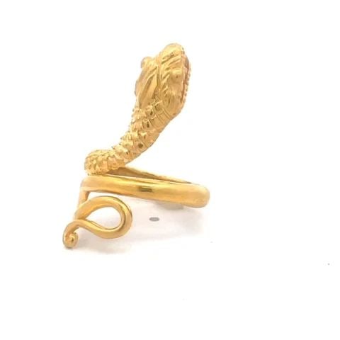 SNAKE RING 22K GOLD COILED COBRA SIZE 6: SNAKE RING 22K GOLD COILED COBRA SIZE 6 This is a classic cobra snake ring, crafted from 22k yellow gold featuring a coiled body of the snake with its head pointing upward. The ring has the 22k gold c