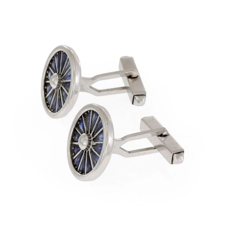VINTAGE SAPPHIRE 14K WHITE GOLD WHEEL DESIGN STUD CUFFLINKS: VINTAGE SAPPHIRE 14K WHITE GOLD WHEEL DESIGN STUD CUFFLINKS Vintage Sapphire 14k White Gold Wheel Design Stud Cufflinks Description This handsome pair of cufflinks are crafted from 14k white gold feat