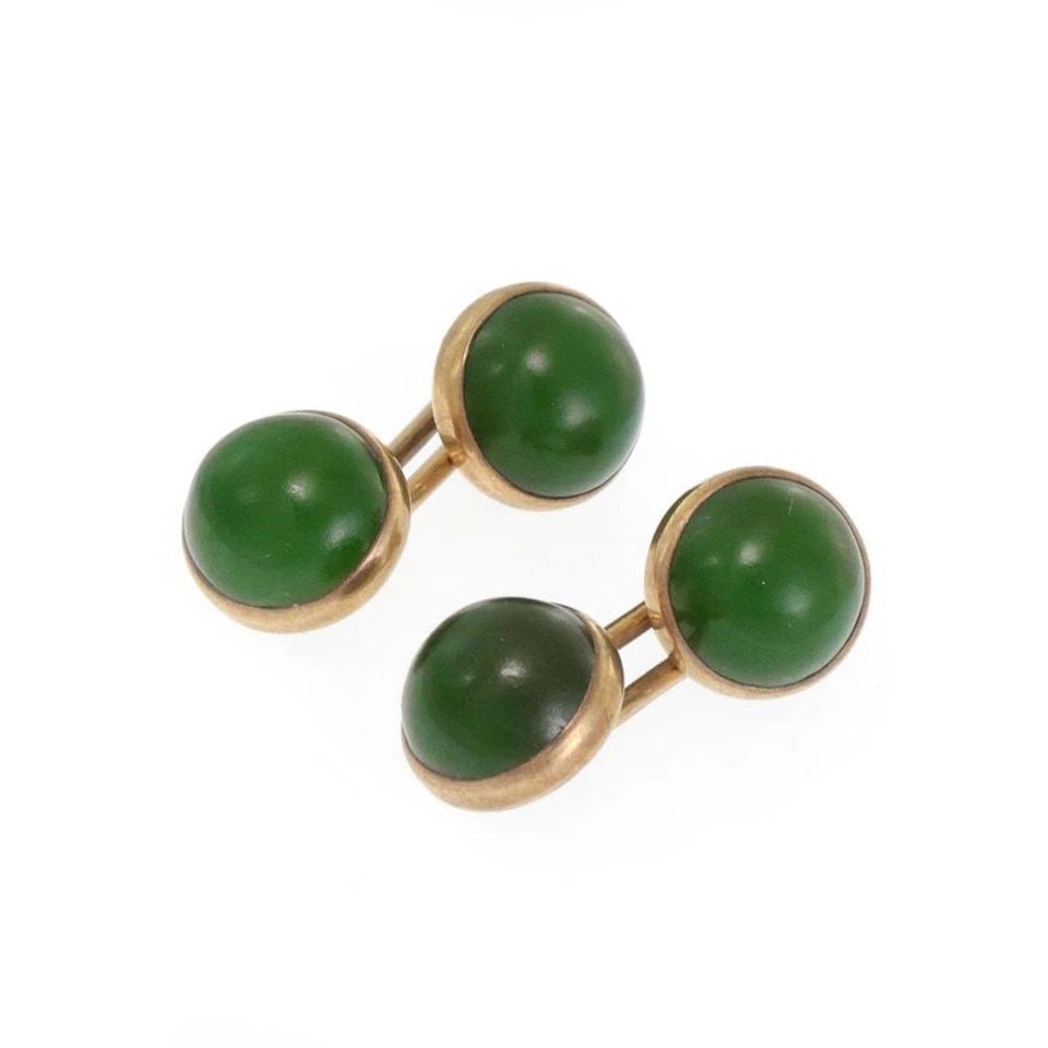 VINTAGE JADE 14K YELLOW GOLD DOUBLE END BUTTON TOP CUFFLINKS: VINTAGE JADE 14K YELLOW GOLD DOUBLE END BUTTON TOP CUFFLINKS Vintage Jade 14k Yellow Gold Double End Button Top Cufflinks Description This is a handsome pair of vintage cufflinks, crafted from 14k yel