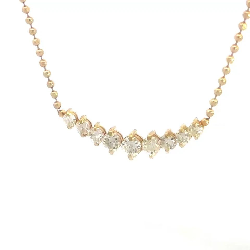 DIAMOND EAST WEST GOLD PENDANT GRADUATED STYLE 18K YELLOW BEAD CHAIN: DIAMOND EAST WEST GOLD PENDANT GRADUATED STYLE 18K YELLOW BEAD CHAIN This is a beautiful diamond pendant and chain necklace, it features a long curved shape pendant East West style with graduated shap