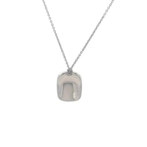 TIFFANY & CO. PLATINUM NECKLACE PERETTI CONCAVE ID PENDANT: TIFFANY & CO. PLATINUM NECKLACE PERETTI CONCAVE ID PENDANT This elegant authentic pendant and chain necklace is from Tiffany & Co. by designer Elsa Peretti. The necklace is crafted from platinum and i