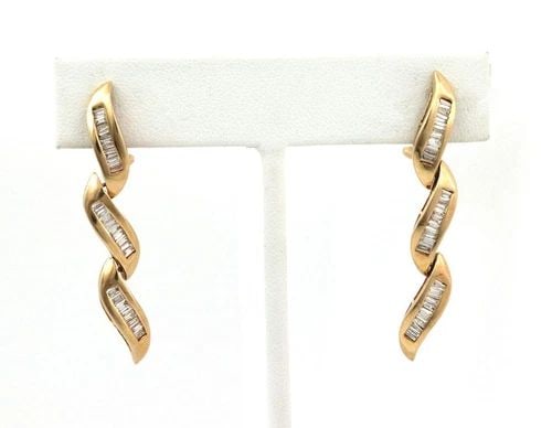 14K YELLOW GOLD BAGUETTE DIAMONDS 3 TIER DROP DANGLE EARRINGS (1 of 2)