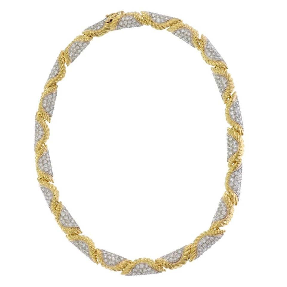 DIAMOND PLATINUM 18K GOLD FANCY LEAF LINK COLLAR NECKLACE 14CT: DIAMOND PLATINUM 18K GOLD FANCY LEAF LINK COLLAR NECKLACE 14CT DIAMOND PLATINUM 18K GOLD FANCY LEAF LINK COLLAR NECKLACE 14CT Estate 14ct Diamond Platinum 18k Gold Fancy Leaf Link Collar Necklace Desc