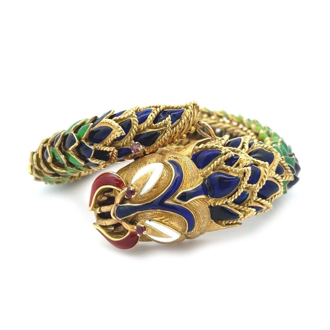 ENAMEL DRAGON BRACELET 18K YELLOW GOLD RUBY FLEX BANGLE 164GR: ENAMEL DRAGON BRACELET 18K YELLOW GOLD RUBY FLEX BANGLE 164GR ENAMEL DRAGON BRACELET 18K YELLOW GOLD RUBY FLEX BANGLE 164GR This is an impressive 3D dragon bracelet, it is crafted from 18k yellow gold