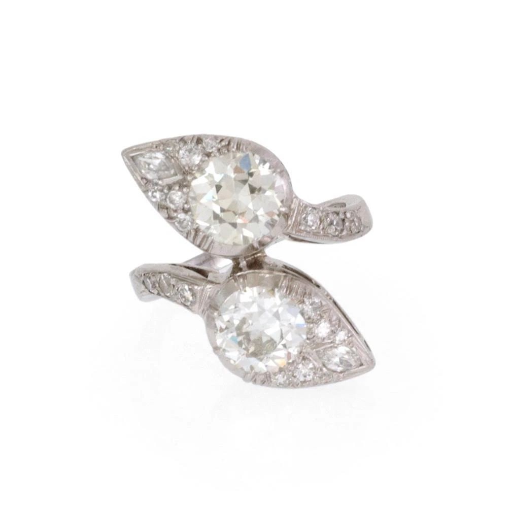 PLATINUM ART DECO RING OLD MINE SPEAR HEAD BYPASS DOUBLE SOLITAIRE (1 of 2)