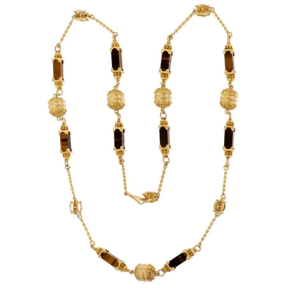 LONG 18K YELLOW GOLD TIGER'S EYE SQUARE COLUMN MOTIFS FANCY LONG NECKLACE: LONG 18K YELLOW GOLD TIGER'S EYE SQUARE COLUMN MOTIFS FANCY LONG NECKLACE LONG 18K YELLOW GOLD TIGER'S EYE SQUARE COLUMN MOTIFS FANCY LONG NECKLACE Long 18k Yellow Gold Tiger's Eye Square Column Motif