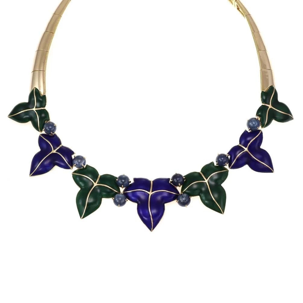 VINTAGE FRENCH 17K YELLOW GOLD SAPPHIRE ENAMEL LEAF DESIGN COLLAR NECKLACE (1 of 1)