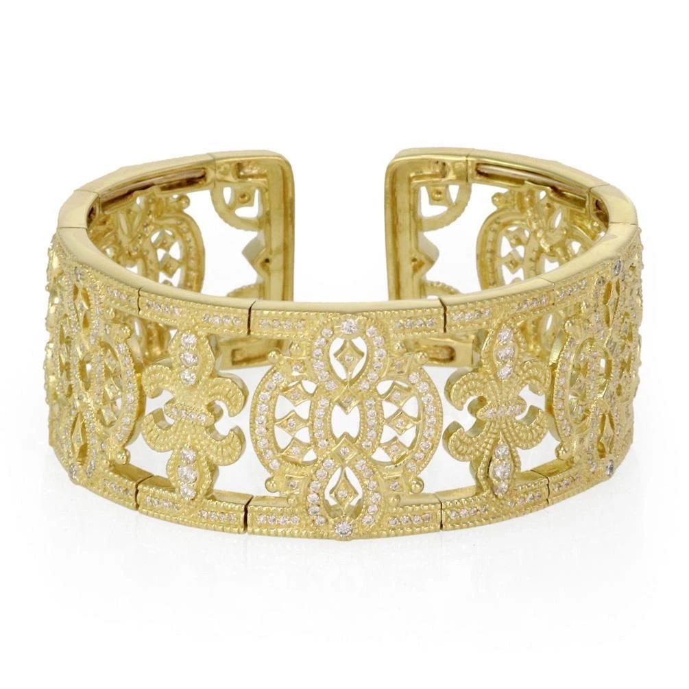 JUDITH RIPKA 3.00CT DIAMOND 18K YELLOW GOLD FLEUR DE LIS WIDE CUFF BRACELET: JUDITH RIPKA 3.00CT DIAMOND 18K YELLOW GOLD FLEUR DE LIS WIDE CUFF BRACELET JUDITH RIPKA 3.00CT DIAMOND 18K YELLOW GOLD FLEUR DE LIS WIDE CUFF BRACELET Judith Ripka 3.00ct Diamond 18k Yellow Gold Fleu