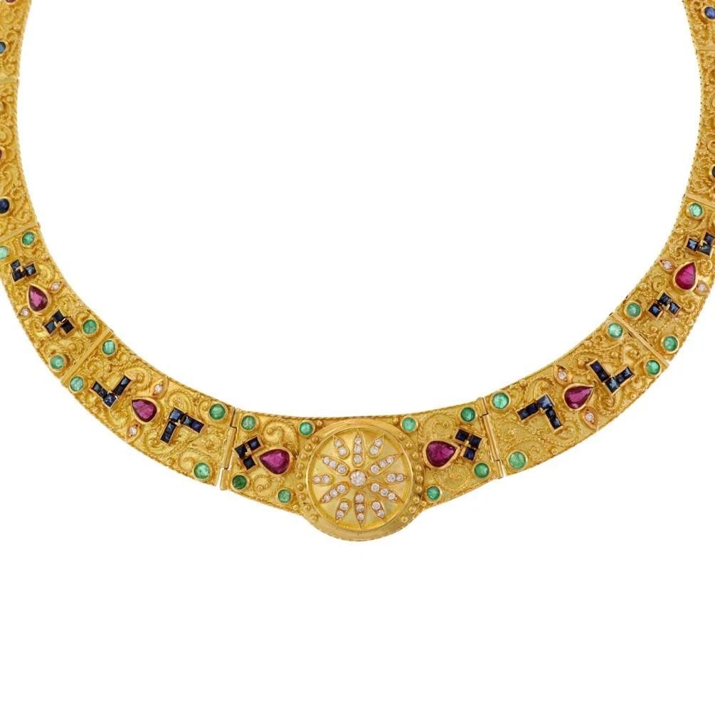 SUNBURST GRADUATED LINK NECKLACE ESTATE DIAMOND GEMS 18K GOLD (1 of 2)