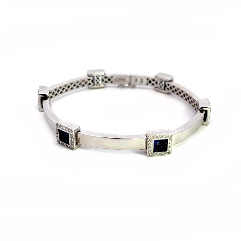 GEORGIOS DIAMOND SAPPHIRE BRACELET 18K WHITE GOLD BAR SQUARE LINK GREECE (1 of 1)