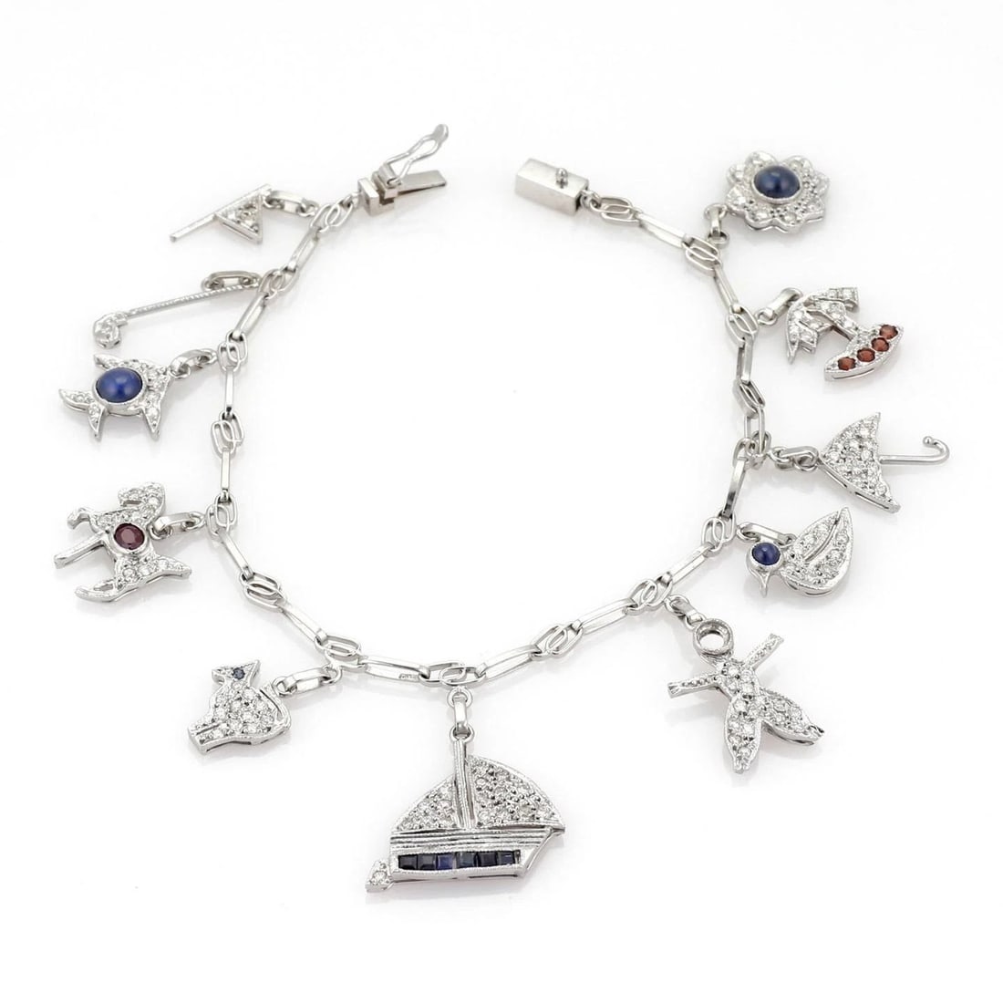 PLATINUM 3.00CT DIAMOND SAPPHIRE RUBY & GARNET 11 CHARMS CHAIN BRACELET (1 of 2)