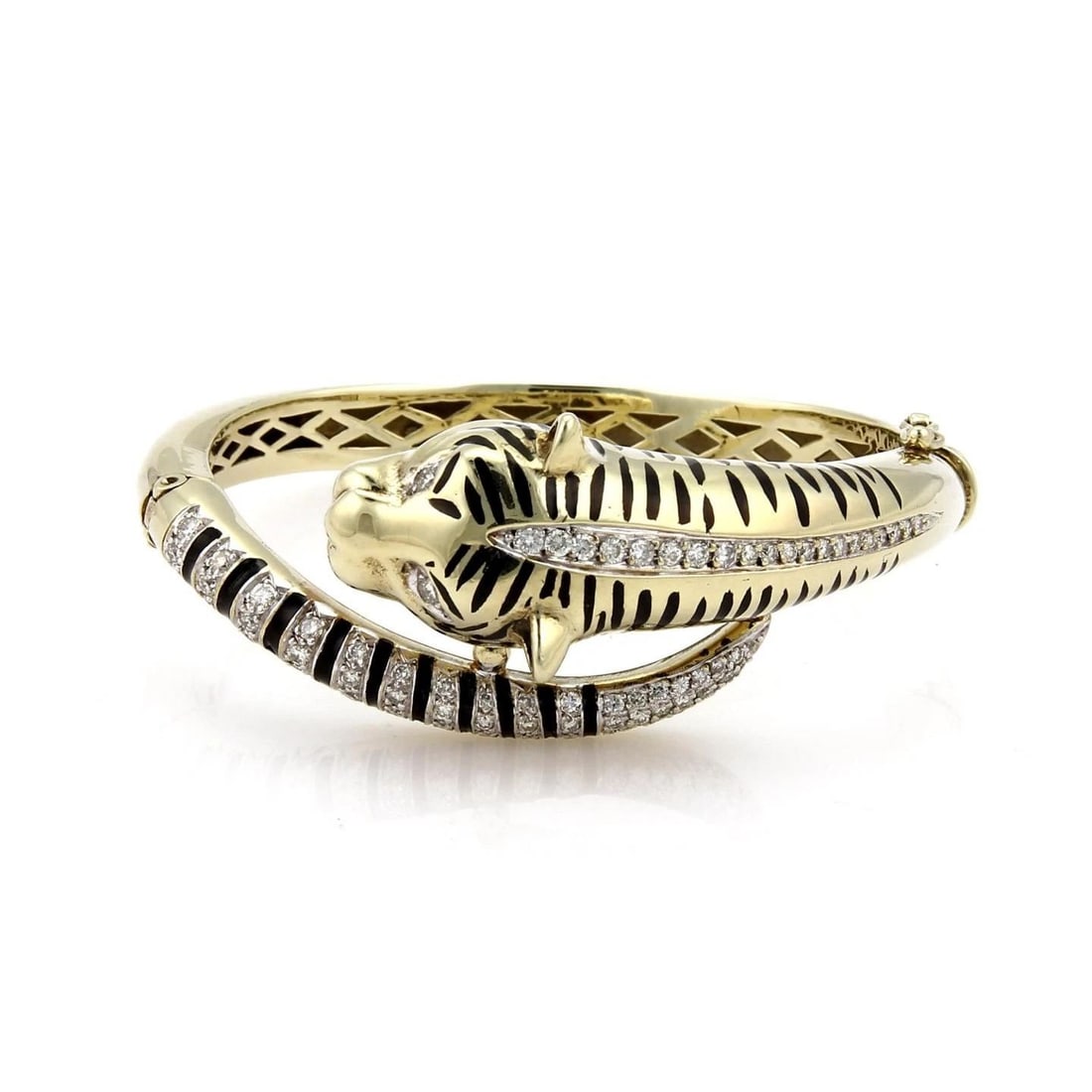 DIAMOND & ENAMEL GOLD BRACELET 14K TIGER BYPASS STYLE: DIAMOND & ENAMEL GOLD BRACELET 14K TIGER BYPASS STYLE DIAMOND & ENAMEL GOLD BRACELET 14K TIGER BYPASS STYLE This 14k gold bracelet features a unique bypass style design with round-cut natural diamonds