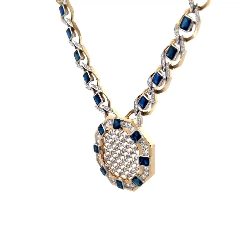 SAPPHIRE DIAMOND GOLD NECKLACE 14K TWO TONE 19CT OCTAGON PENDANT: SAPPHIRE DIAMOND GOLD NECKLACE 14K TWO TONE 19CT OCTAGON PENDANT SAPPHIRE DIAMOND GOLD NECKLACE 14K TWO TONE 19CT OCTAGON PENDANT This is a gorgeous necklace; it is crafted from 14k yellow and white g