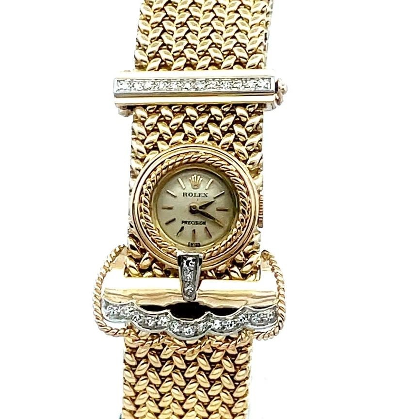 ROLEX GOLD LADIES WATCH 18K YELLOW DIAMOND MESH BELT BUCKLE STYLE MANUAL: ROLEX GOLD LADIES WATCH 18K YELLOW DIAMOND MESH BELT BUCKLE STYLE MANUAL The gorgeous Rolex ladies wristwatch is a luxurious timepiece crafted with 18k yellow gold, featuring a lovely intricate woven 