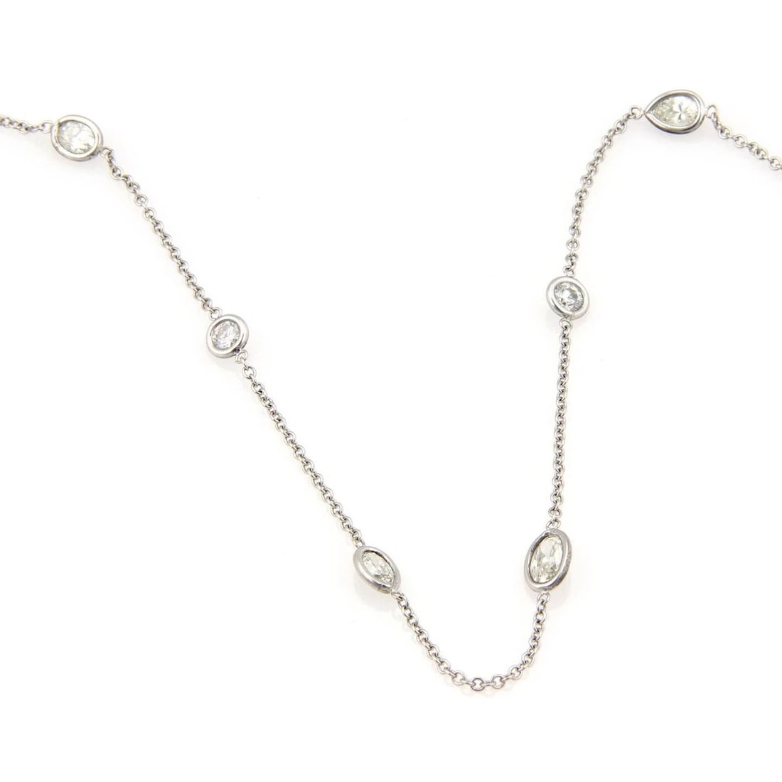 7.40CT DIAMOND BY THE YARD GOLD NECKLACE 6.50CT 14K WHITE ASSORTED SHAPE 36": 7.40CT DIAMOND BY THE YARD GOLD NECKLACE 6.50CT 14K WHITE ASSORTED SHAPE 36" 7.40CT DIAMOND BY THE YARD GOLD NECKLACE 6.50CT 14K WHITE ASSORTED SHAPE 36" This elegant long necklace is crafted from 14k