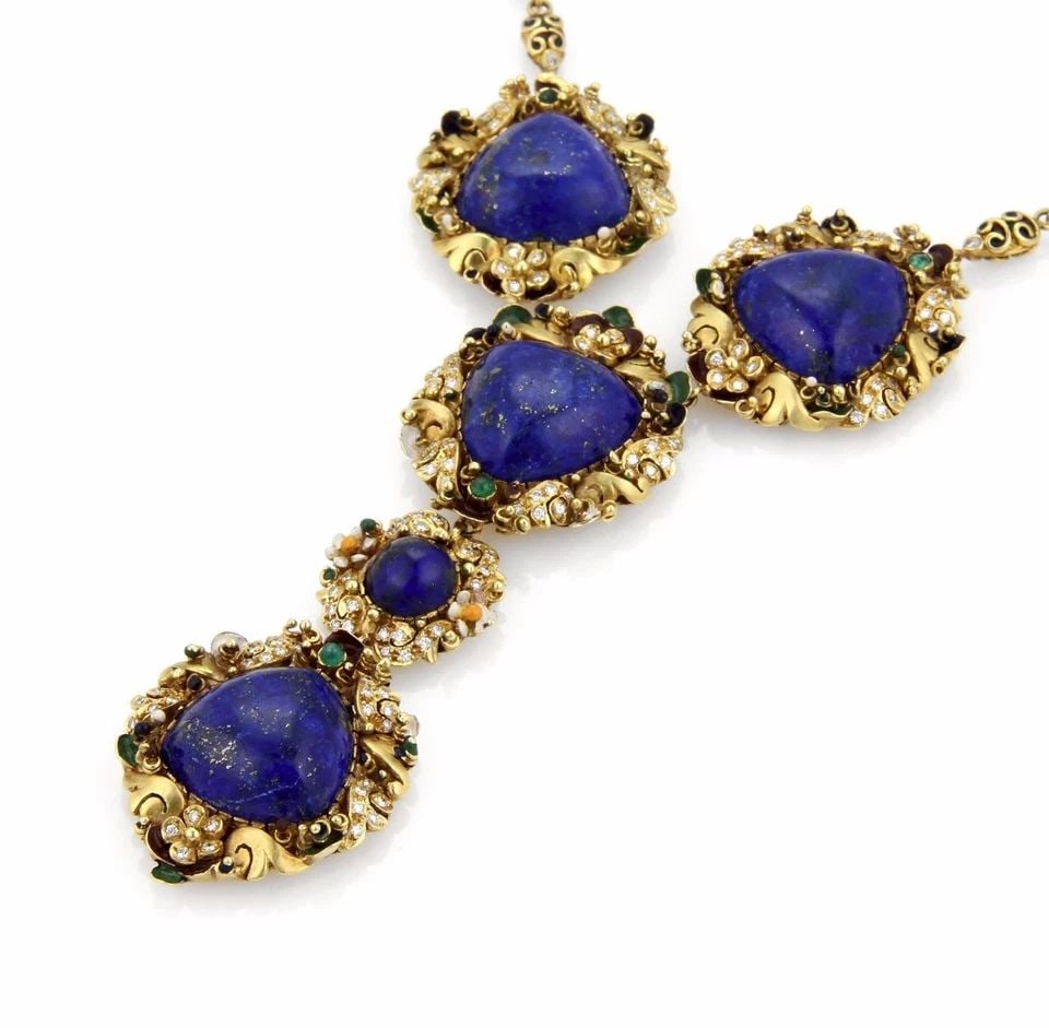 LAPIS DIAMOND GOLD NECKLACE ENAMEL 18K YELLOW FANCY FLORAL DANGLE PENDANT (1 of 1)