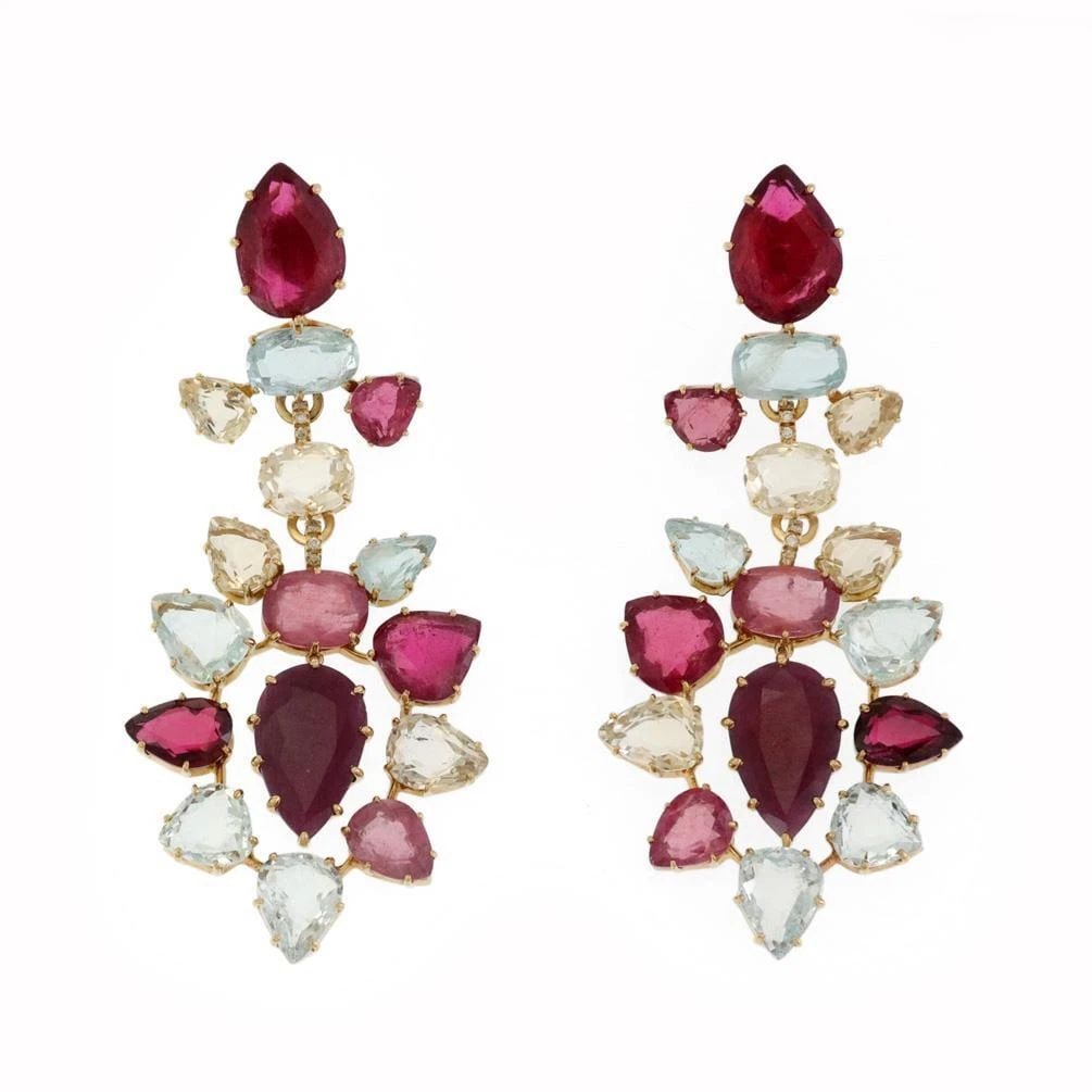 H.STERN AQUAMARINE TOURMALINE & GEMS 18K GOLD LONG DANGLE EARRINGS: H.STERN AQUAMARINE TOURMALINE & GEMS 18K GOLD LONG DANGLE EARRINGS H.STERN AQUAMARINE TOURMALINE & GEMS 18K GOLD LONG DANGLE EARRINGS H.Stern Aquamarine Tourmaline & Gems 18k Gold Long Dangle Earrings