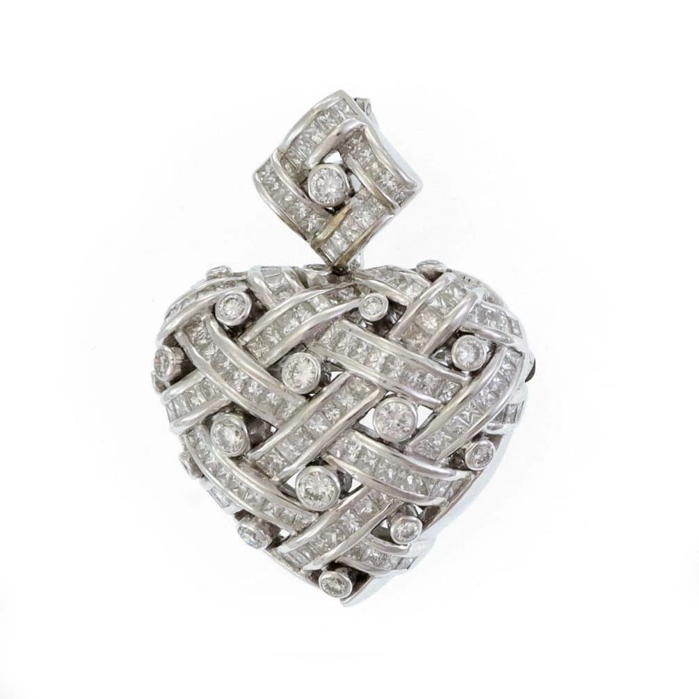 STUNNING 8CT DIAMOND 18K WHITE GOLD WOVEN DESIGN HEART PENDANT PIN: STUNNING 8CT DIAMOND 18K WHITE GOLD WOVEN DESIGN HEART PENDANT PIN STUNNING 8CT DIAMOND 18K WHITE GOLD WOVEN DESIGN HEART PENDANT PIN Stunning 8ct Diamond 18k White Gold Woven Design Heart Pendant Pin