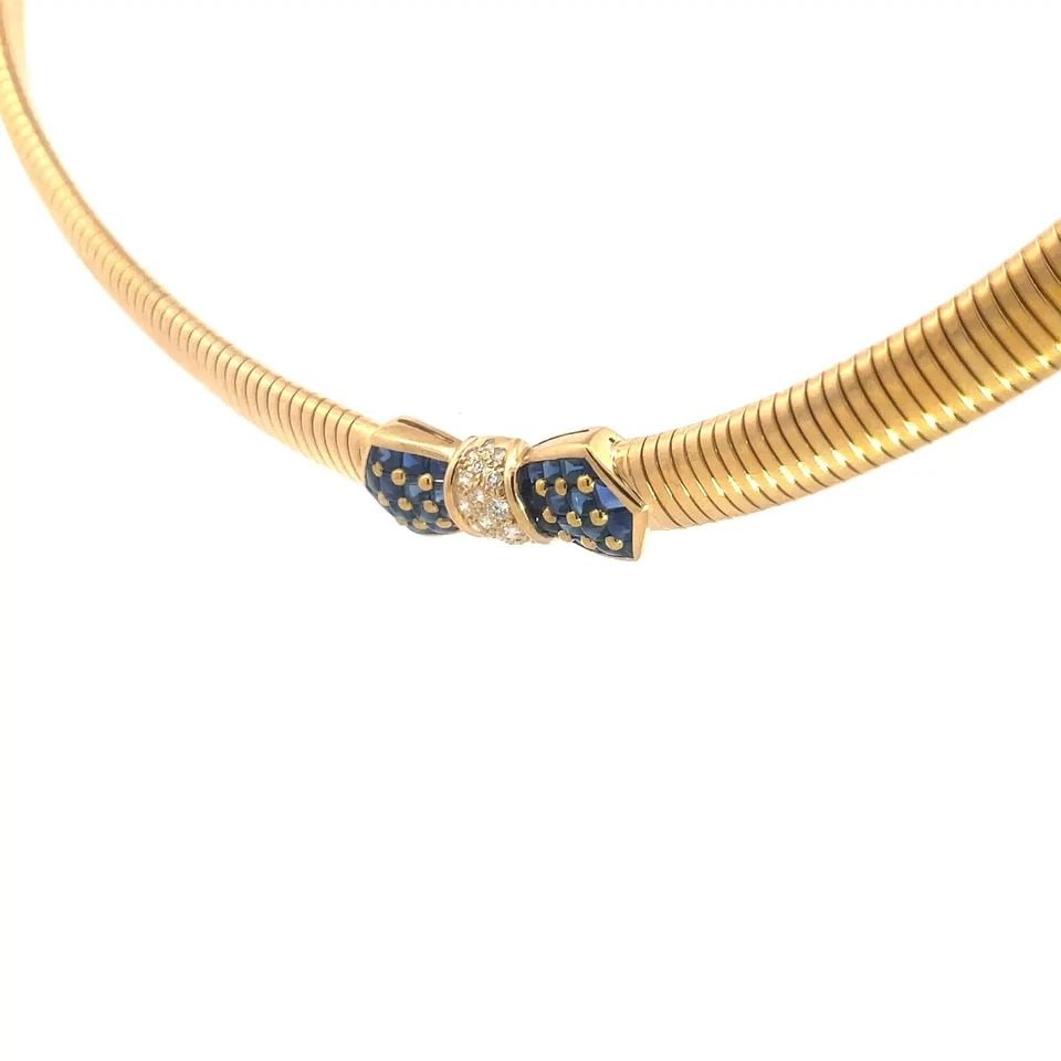 TIFFANY & CO. DIAMOND GOLD NECKLACE 18K YELLOW GEM BOW OMEGA STYLE FRANCE: TIFFANY & CO. DIAMOND GOLD NECKLACE 18K YELLOW GEM BOW OMEGA STYLE FRANCE TIFFANY & CO. DIAMOND GOLD NECKLACE 18K YELLOW GEM BOW OMEGA STYLE FRANCE This gorgeous vintage choker necklace is from Tiffan