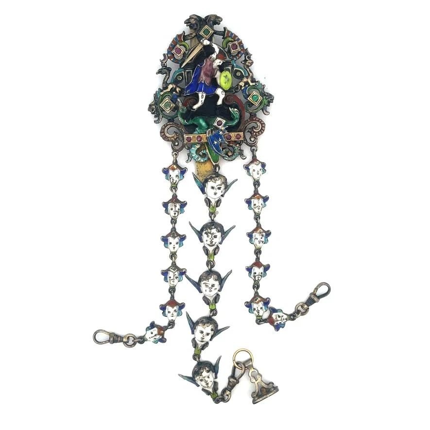 ANTIQUE ASTRO HUNGARIAN CHATELAINE ENAMEL & GEMS SILVER DRAGON & SLAYER (1 of 1)
